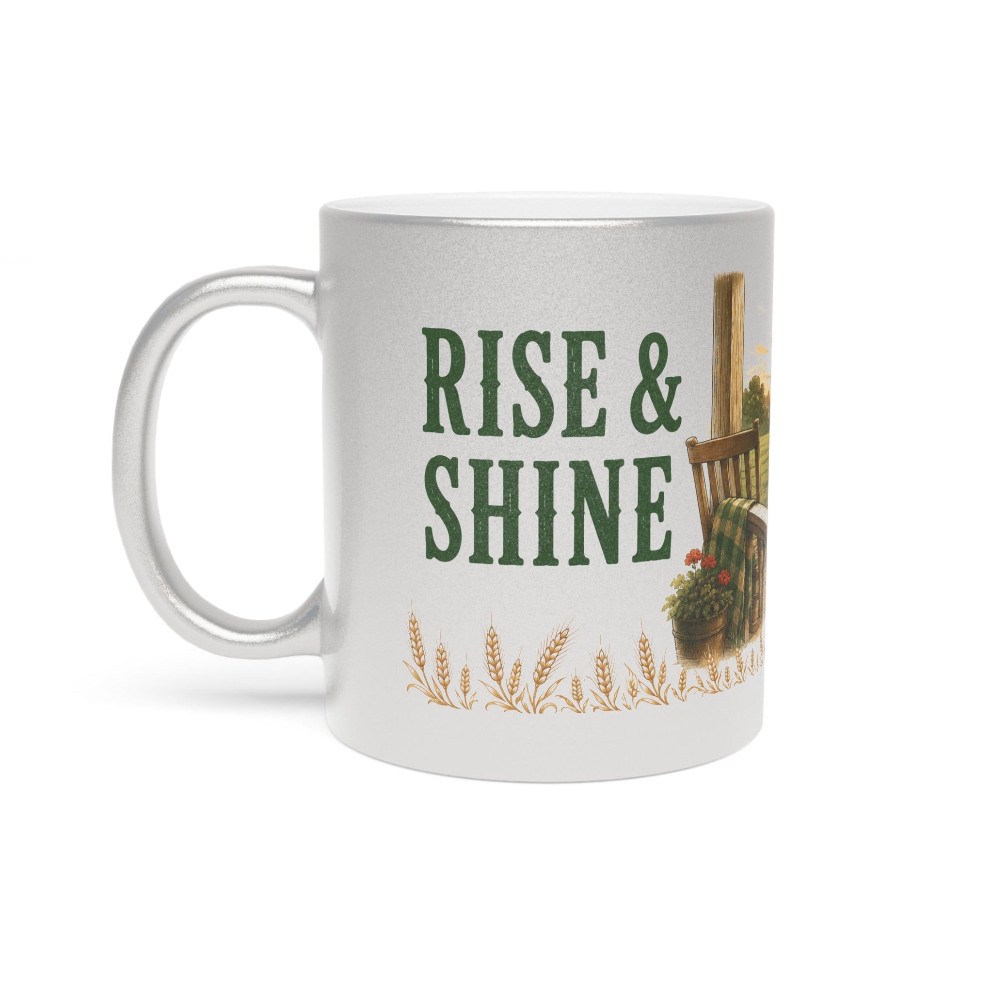 Rise & Shine Farmhouse Metallic Mug — Sunrise Coffee Cup (Silver/Gold)
