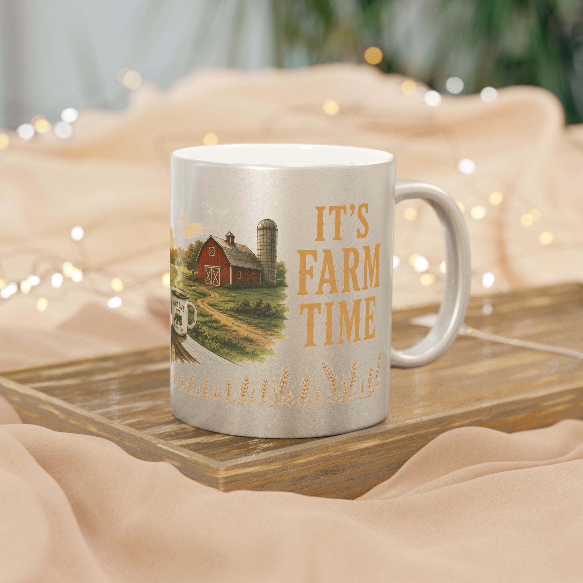 Rise & Shine Farmhouse Metallic Mug — Sunrise Coffee Cup (Silver/Gold)