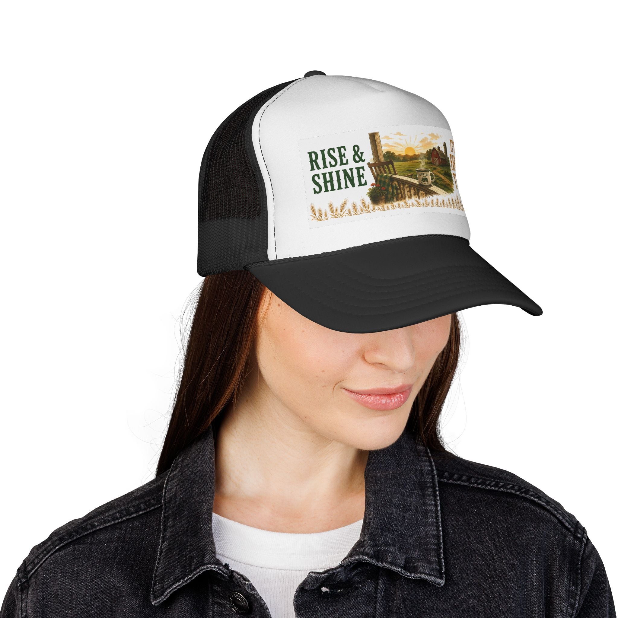 Rise & Shine It’s Farm Time Trucker Cap — Vintage Rustic Farmhouse Hat